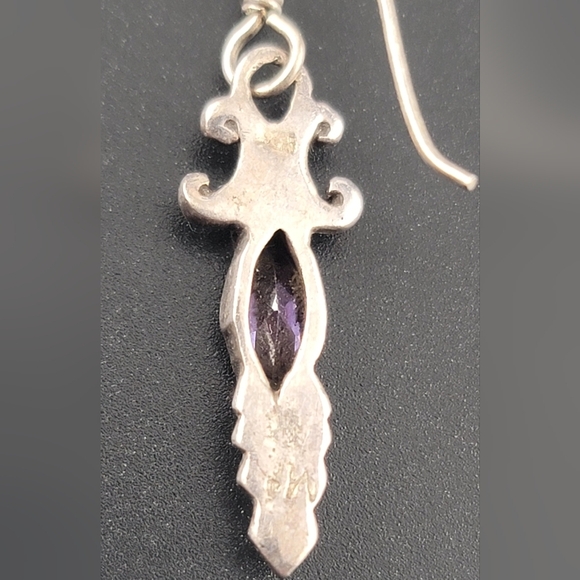 Marquise-Cut Amethyst Drop Earrings-Dangling Grape Cluster  Antique Silver Dangle Earrings Marquise-cut Purple Amethyst Marked